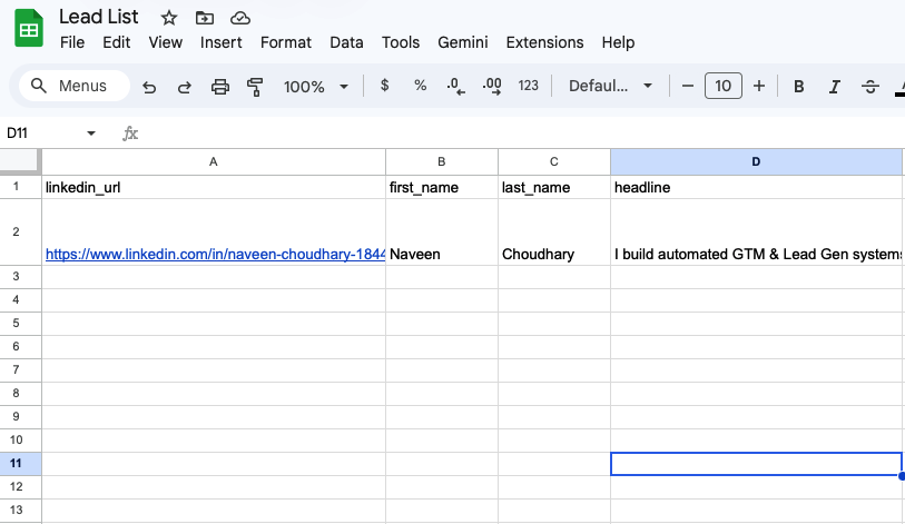 Google Sheets template with linkedin_url column