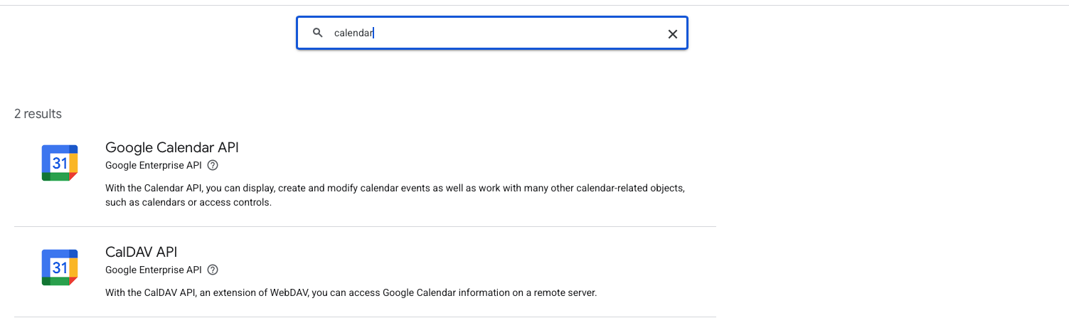 Enable Google Calendar API screen